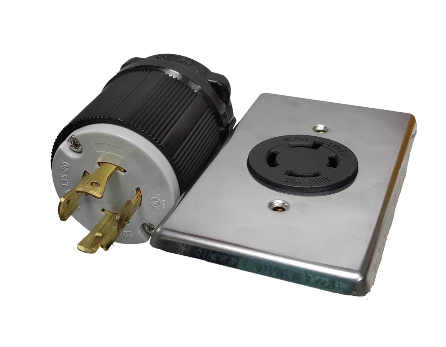 Grippes 20A Twist Lock Outlet with Plate and Plug Type 3P+E (4P) 250V (NEMA L15) WJ6421B and 9221 and BL1520P