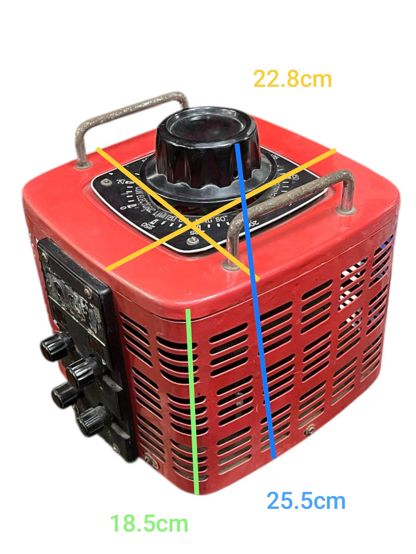 Stavol 5000W variac transformer in red with black adjustment knob and metal handles