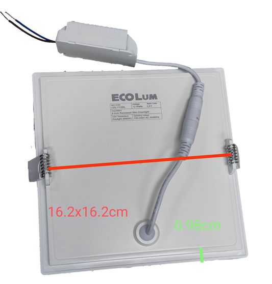 Ecolum 12W LED Square Downlight 220V Recessed ( ECOLUM) 6500K, 12W LED Square Flush Daylight 162x162mm Cut Out