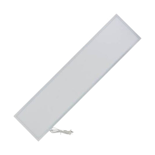 A rectangular LED panel light with a white frosted face and a visible power cord, shown diagonally on a plain white background.