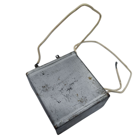 Towa 5uF 350VAC capacitor Condenser Type with metal casing and wire leads for electrical applications