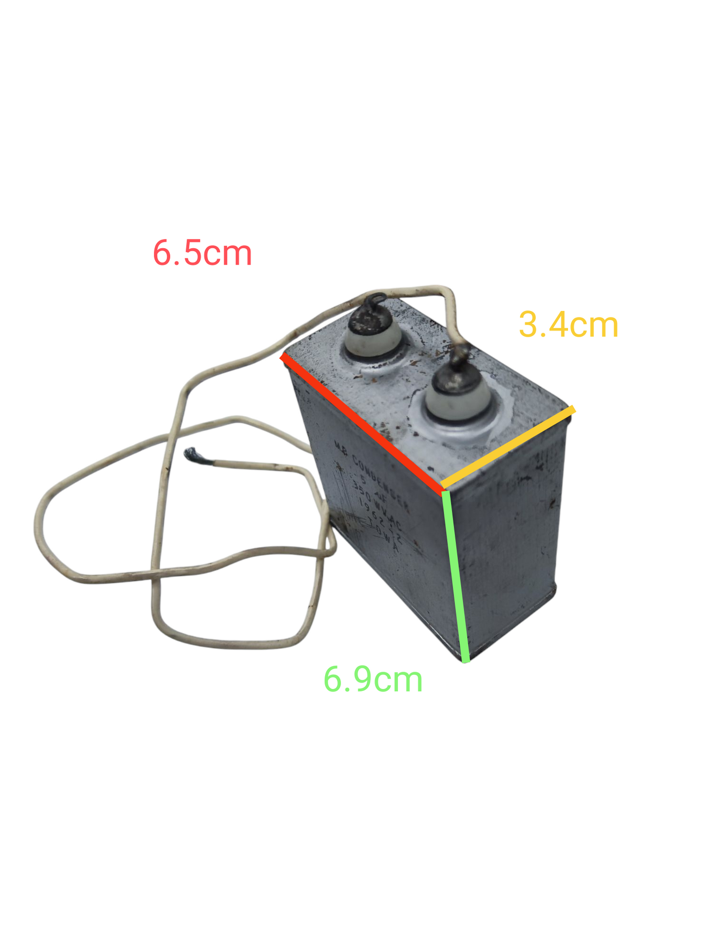 Towa 5uF 350VAC capacitor Condenser Type with dual connection terminals and mounting dimensions