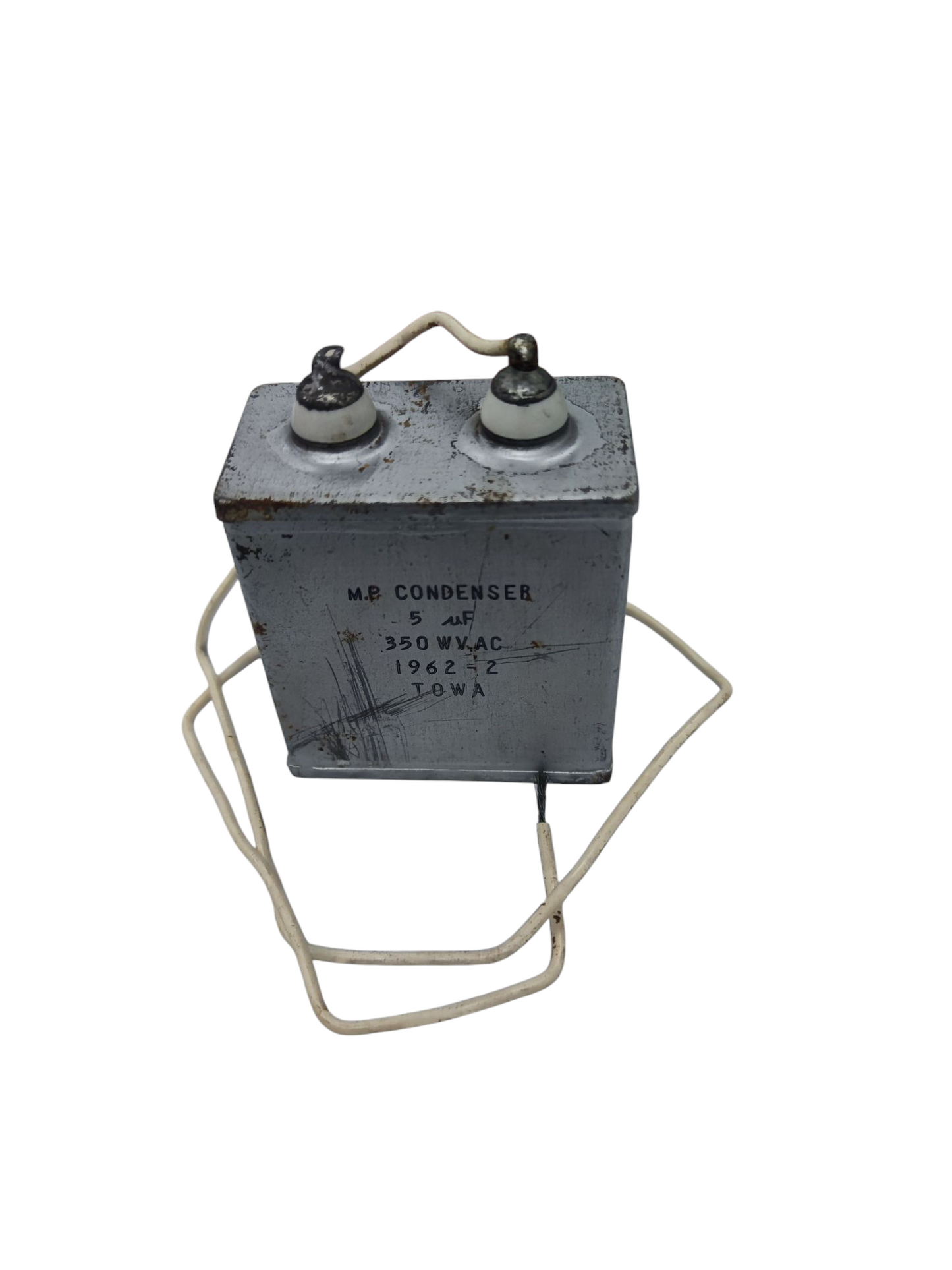 Towa 5uF 350VAC capacitor Condenser Type with wires and metal casing for electrical applications