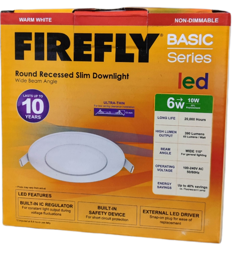 Firefly 6W LED Round Recessed Slim Downlight 220V Warm White 120mm