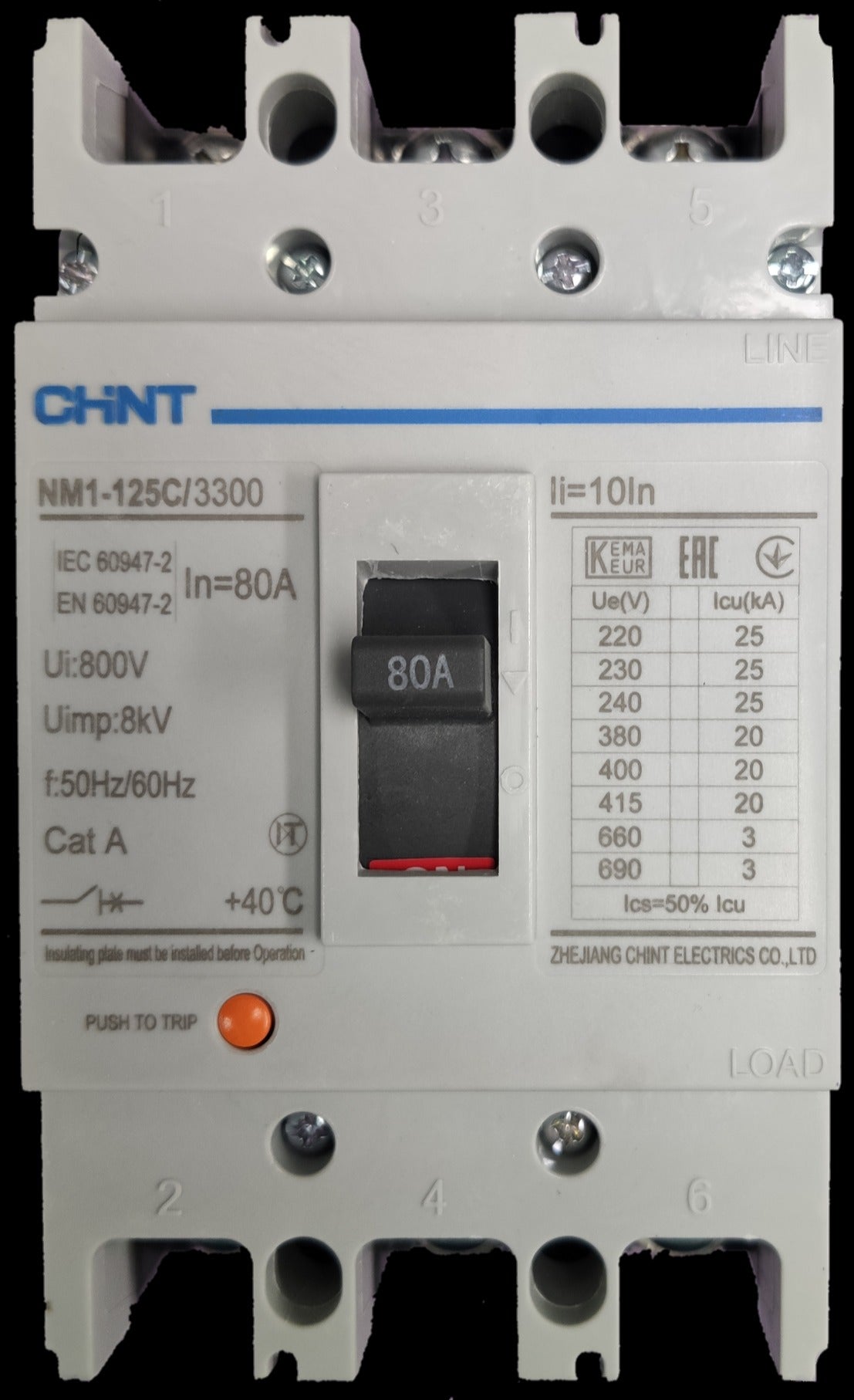 Chint 80A 3 Pole Industrial Circuit Breaker 3 Phase 125AF 20 KAIC 400VAC NM1-125C/3300/80A , Circuit Breakers