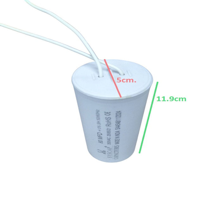 Syscap 80MFD 350V ACRunning Capacitor with a cylindrical design and wiring for electrical applications