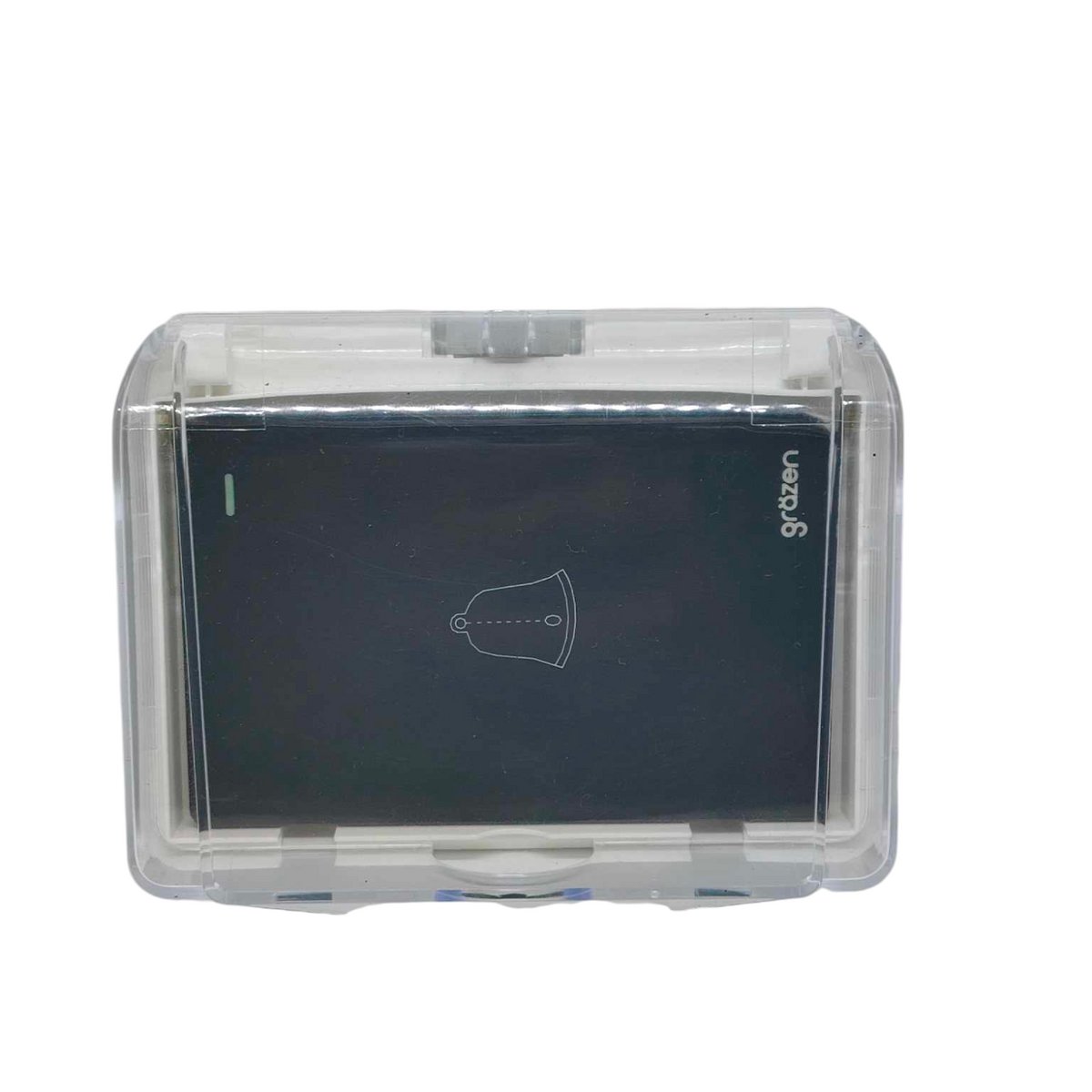 A black smart card or key fob enclosed in a clear plastic protective case, shown against a plain white background. The card features a minimalist white line drawing of a bell in the center and the brand name 'grooven' printed on the top right.