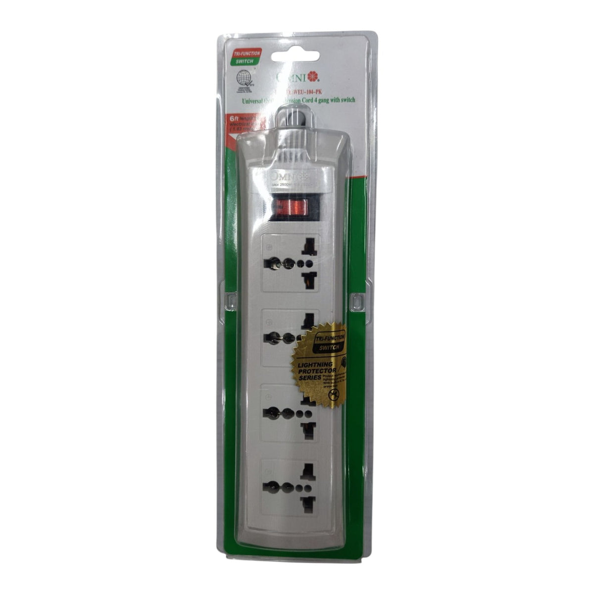 Omni 4 Gang Universal Outlet Extension Cord with Switch 1.83 Meters Length WEU-104-PK