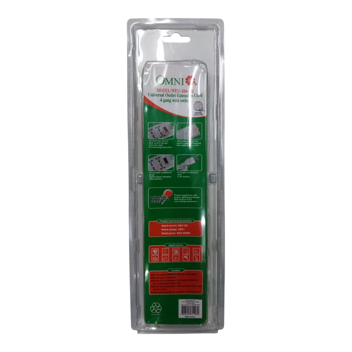 Omni 4 Gang Universal Outlet Extension Cord with Switch 1.83 Meters Length WEU-104-PK