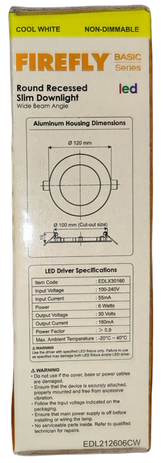 Firefly 6W LED Round Recessed Slim Downlight 220V Cool White 120mm
