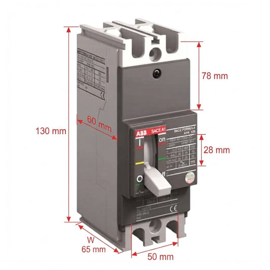 ABB SACE-AI SACE 20A circuit breaker with overlaid red dimension arrows and labels showing height, width, and front switch spacing on a white background.