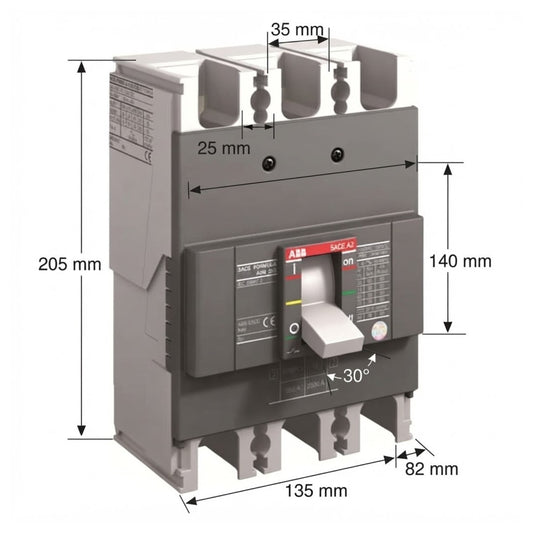ABB molded circuit breaker with dimension annotations showing height, width, and terminal spacing on a white background.