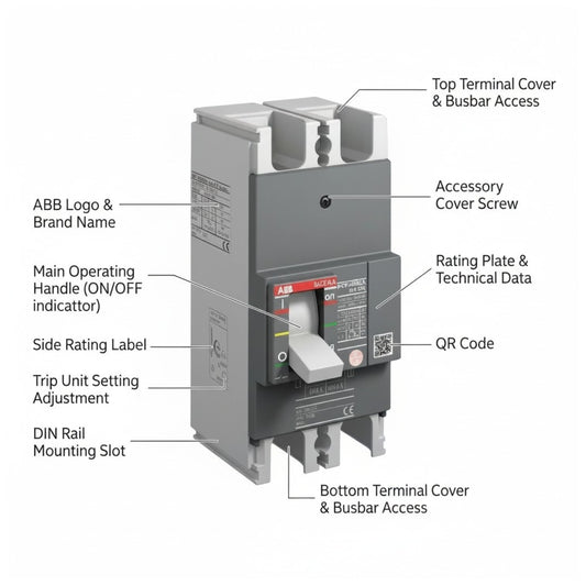 ABB circuit breaker diagram with labeled callouts pointing to parts such as the top terminal cover, main operating handle, side rating label, QR code, and bottom terminal cover on a white background.