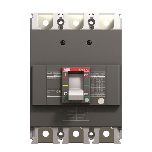 ABB SACE-A2 circuit breaker with a dark gray housing, silver metal terminals, and a central switch handle showing the on/off position.