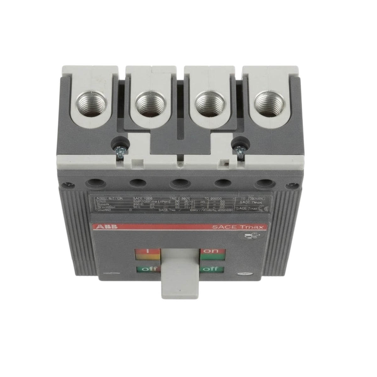 An ABB SACE-Twin 3-pole circuit breaker with a gray plastic housing, three silver terminal blocks on top, and a front handle with red and green on/off switches, shown on a white background.