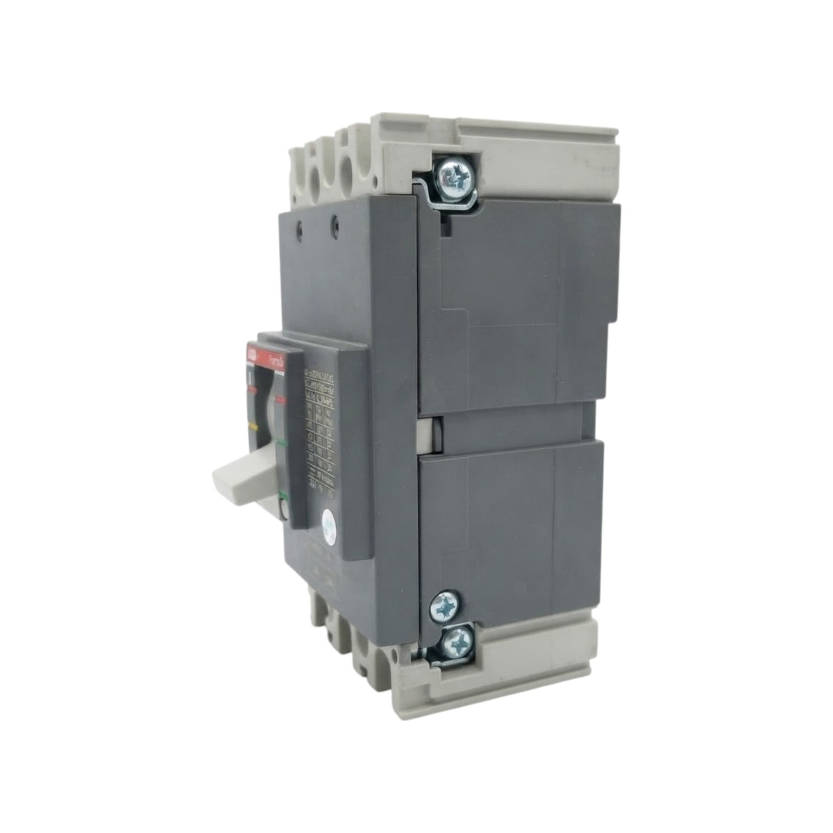 A modular electrical contactor with a dark gray main body, light gray plastic terminal blocks, and a red/black switch handle, shown on a plain white background.