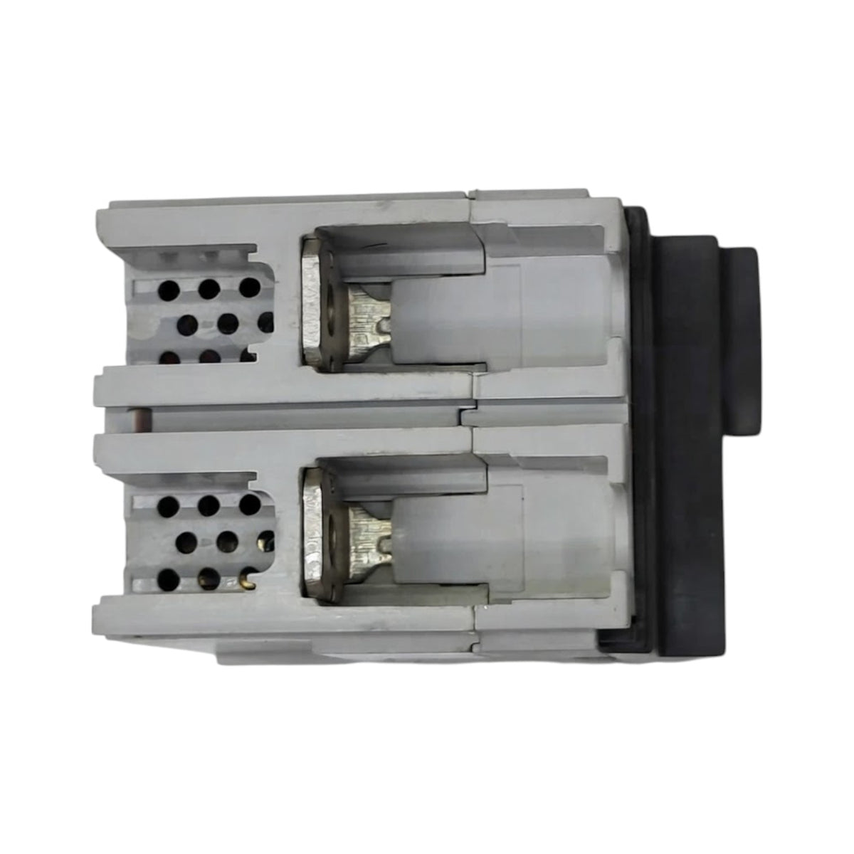 A dual-port hydraulic or pneumatic solenoid valve assembly with a black handle and gray plastic housing, shown against a plain white background.