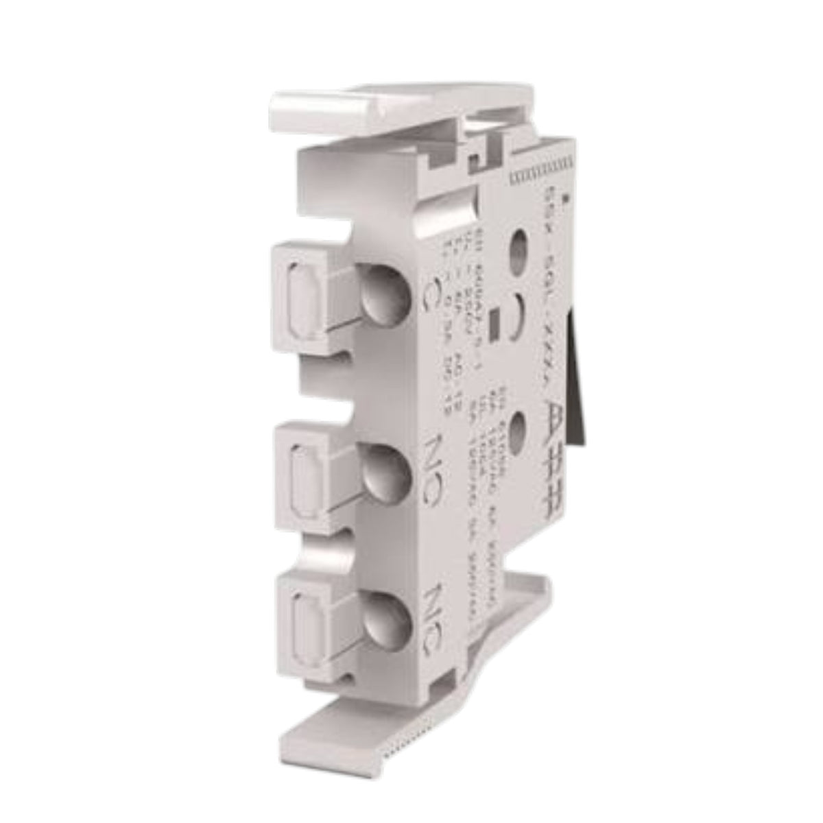 A white plastic electrical terminal block connector with molded screw terminals and printed technical specifications on its side, isolated on a white background.