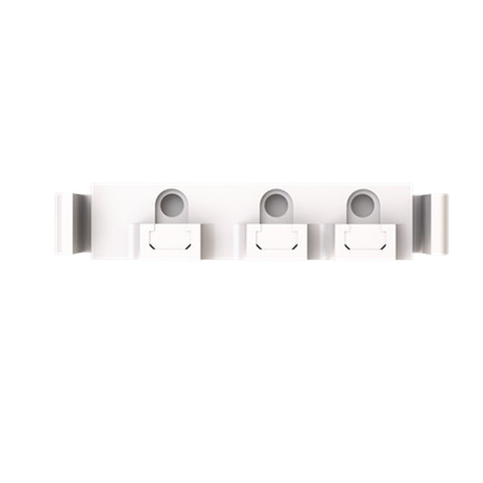 Three white wall-mounted hook holders with circular cutouts, shown against a plain white background.