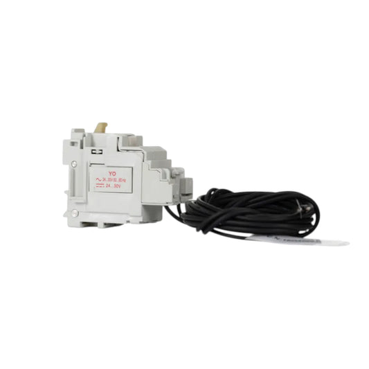 A white plastic electrical component with a black cable attached, photographed on a plain white background.