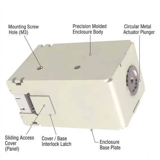 Technical product diagram of a beige industrial enclosure with callout labels pointing to features such as the mounting screw hole, precision molded enclosure body, circular metal actuator plunger, sliding access cover, and enclosure base plate.