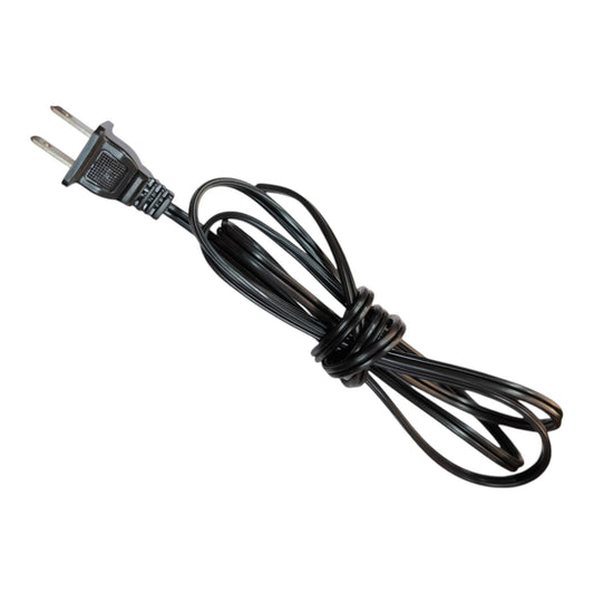 A black two-prong power cord with a coiled cable and a molded plug, isolated on a white background.