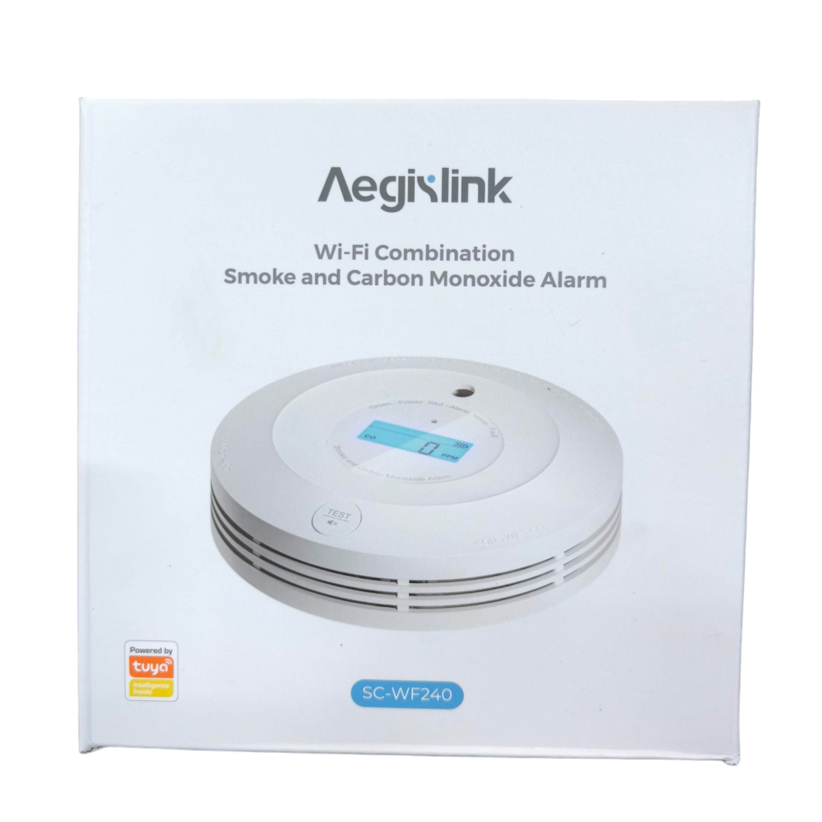 Aegislink Wi-Fi Smoke Alarm with Carbon Monoxide featuring digital display for home safety