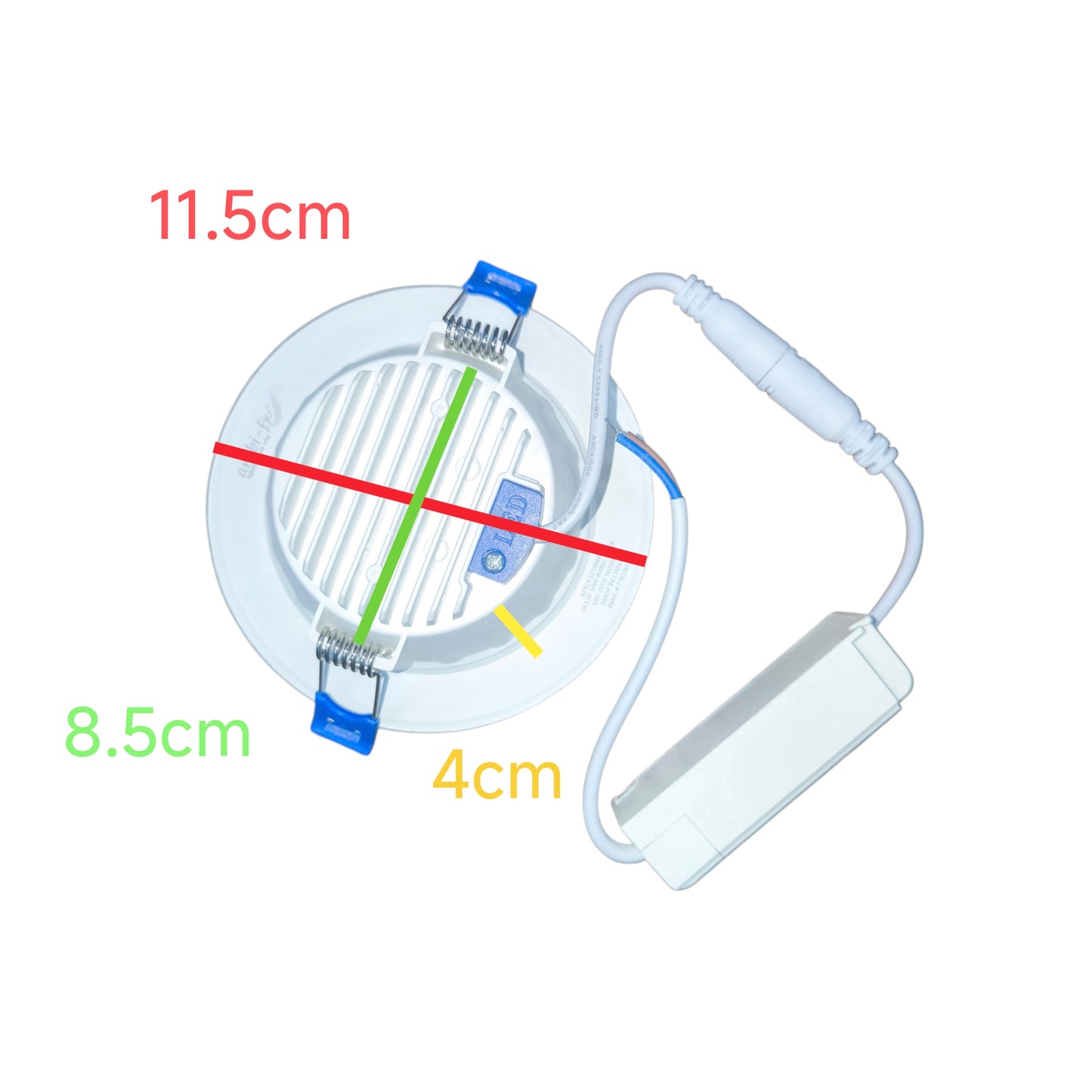 Measurement chart of a medical device with labeled dimensions on a white background