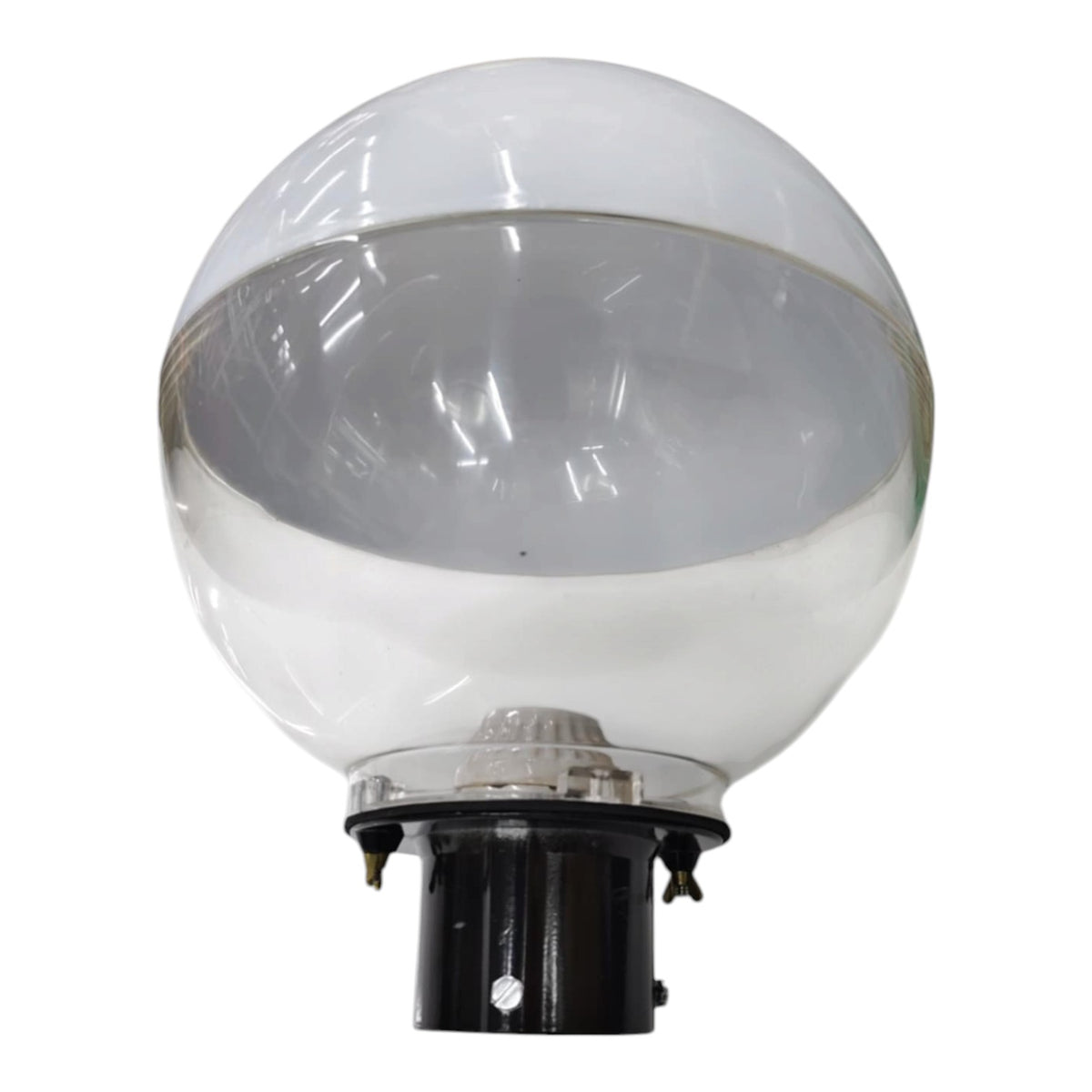 A clear glass globe light fixture with a black metal base, shown against a plain white background.