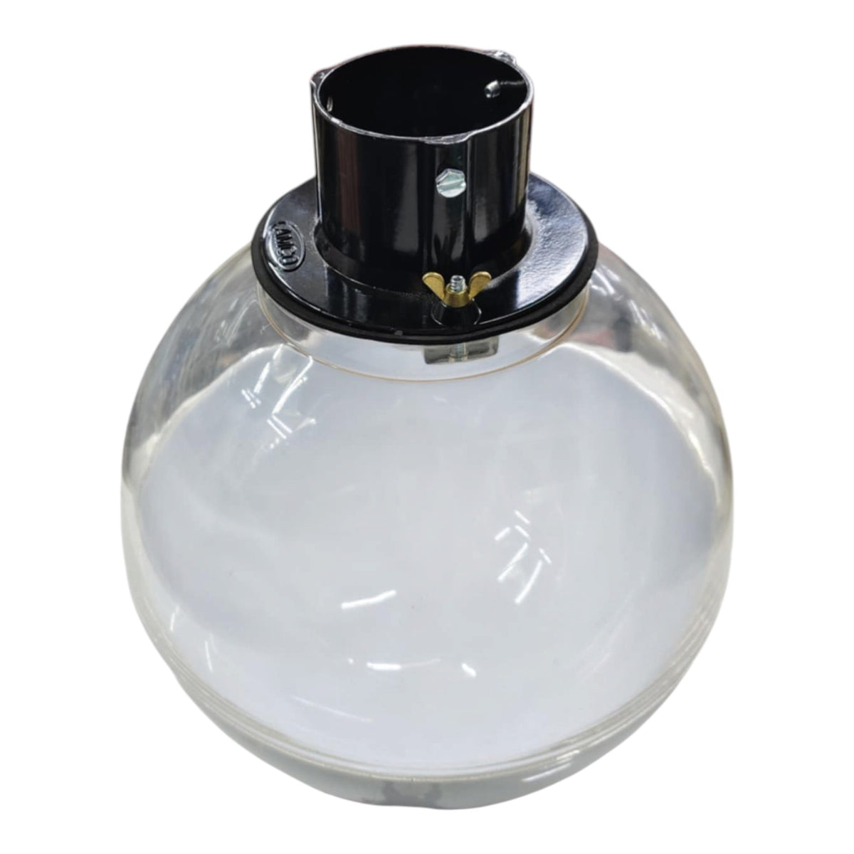 A clear glass globe lamp shade with a black metal collar and socket assembly on top, shown against a plain white background.