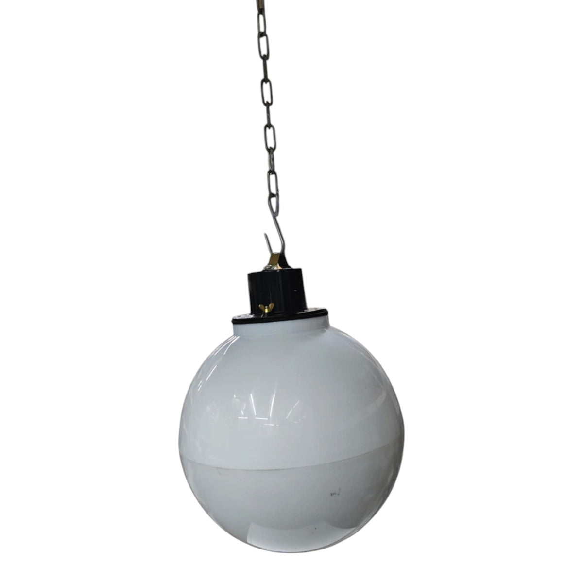 A vintage-style hanging globe pendant light with a white frosted glass globe shade, a black socket, and a metal chain, shown against a plain white background.