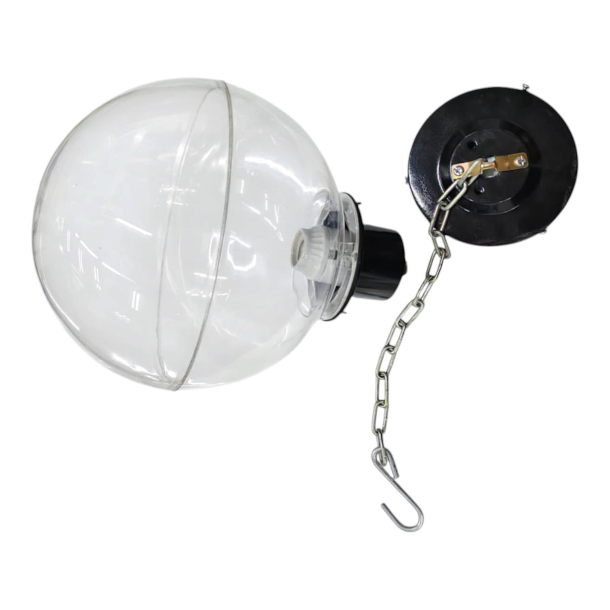 Clear glass globe light fixture with a black ceiling mount and hanging chain on a white background.