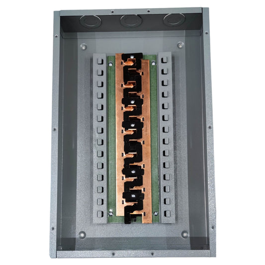 Metallic panel with electronic components on a white background America 7X7 Panel Boar 14 Holes Distribution Panel For 2 Pole Plug In Circuit Breaker 12 Branches Side Main