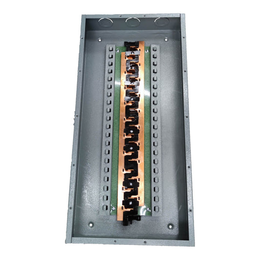 Metal electrical panel with copper busbars on a white background