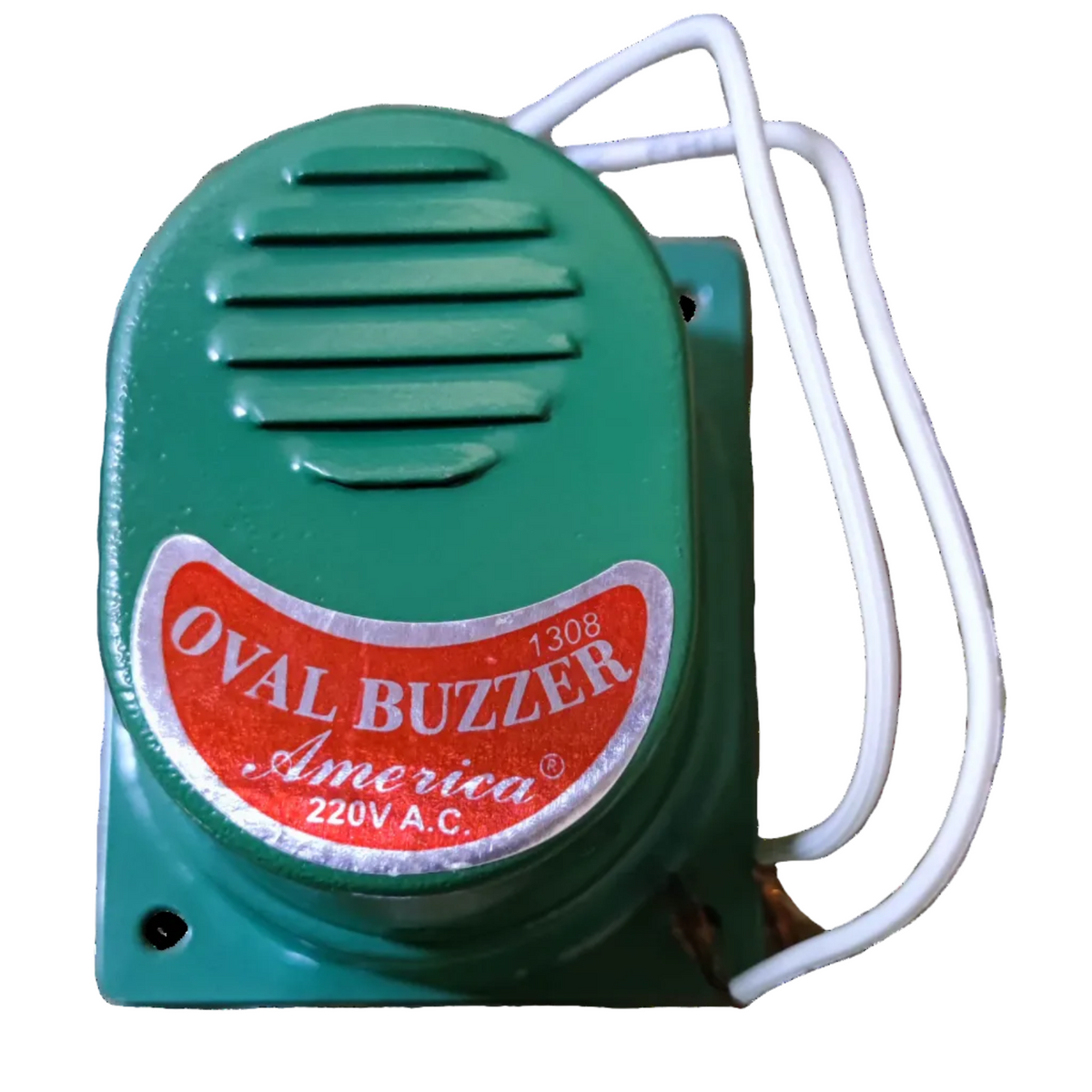 Green 220V metallic buzzer door chime with white wires and America brand label