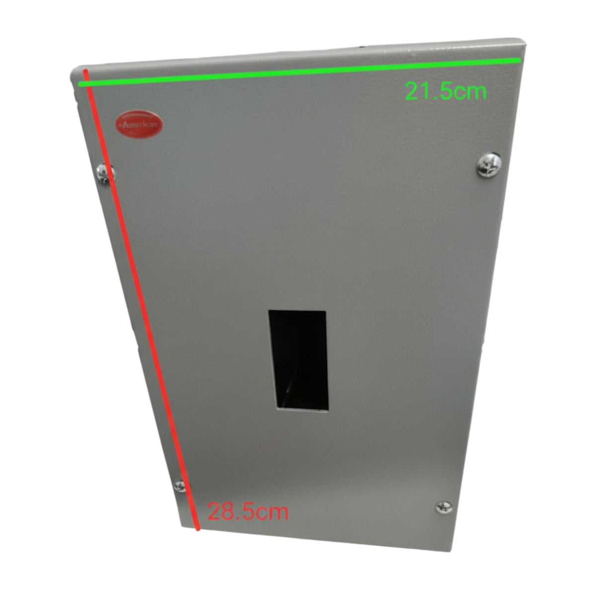 Metallic panel with dimensions and a brand logo on a white background America Nema 1 Circuit Breaker Enclosure For TQD Type 2 Pole Or 3 Pole Breaker Panel Board Single Breaker Electx Electrical Supply