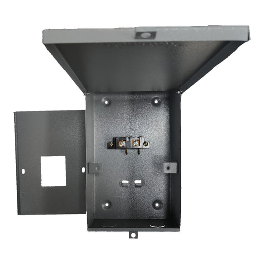 Metal electrical junction box with wiring on a white background