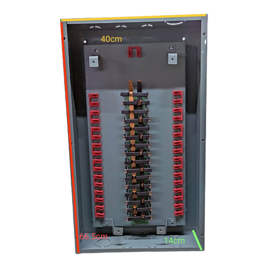 An open electrical distribution panel showing internal busbars, terminal blocks, and dimension markings (40cm, 66.5cm, 14cm) on a plain white background.