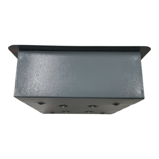 A dark gray textured metal mounting bracket or box cover with a flat top plate and pre-drilled screw holes on the front, shown against a plain white background.