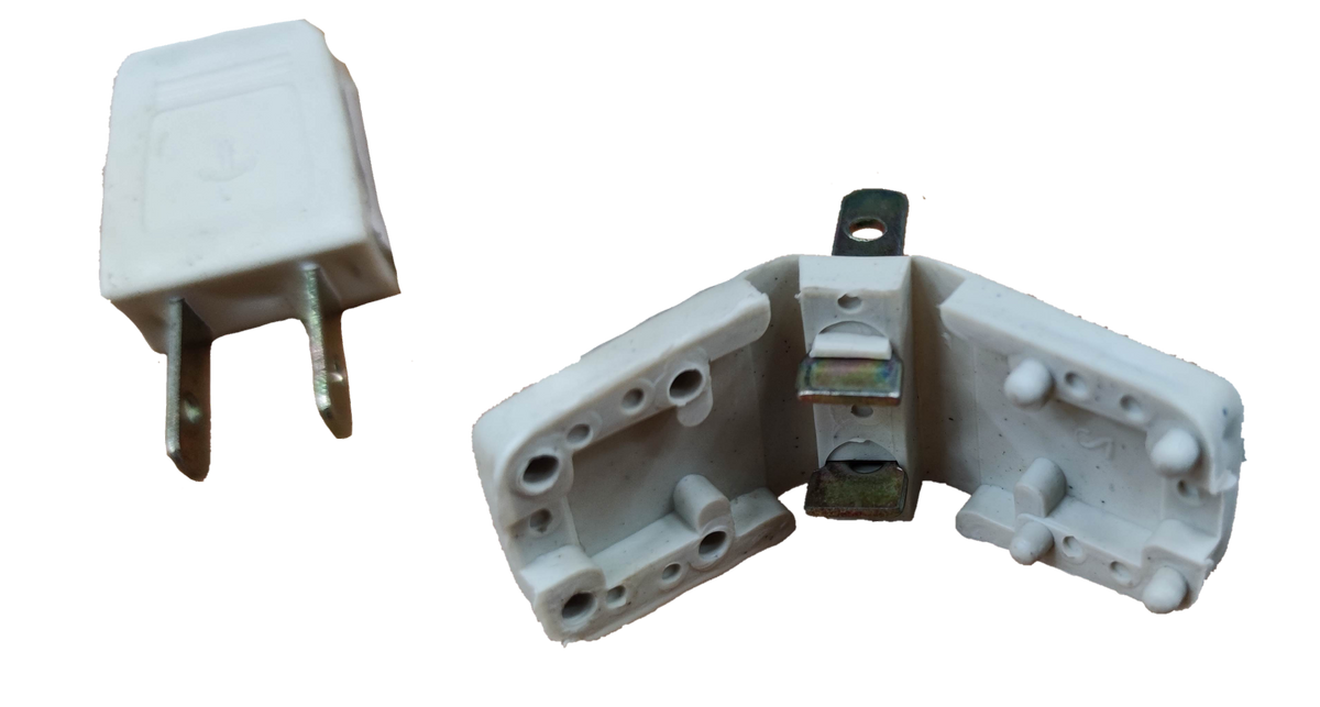 Anchor Plug Plastic 3A 125V white two-pin electrical plug with open and closed views