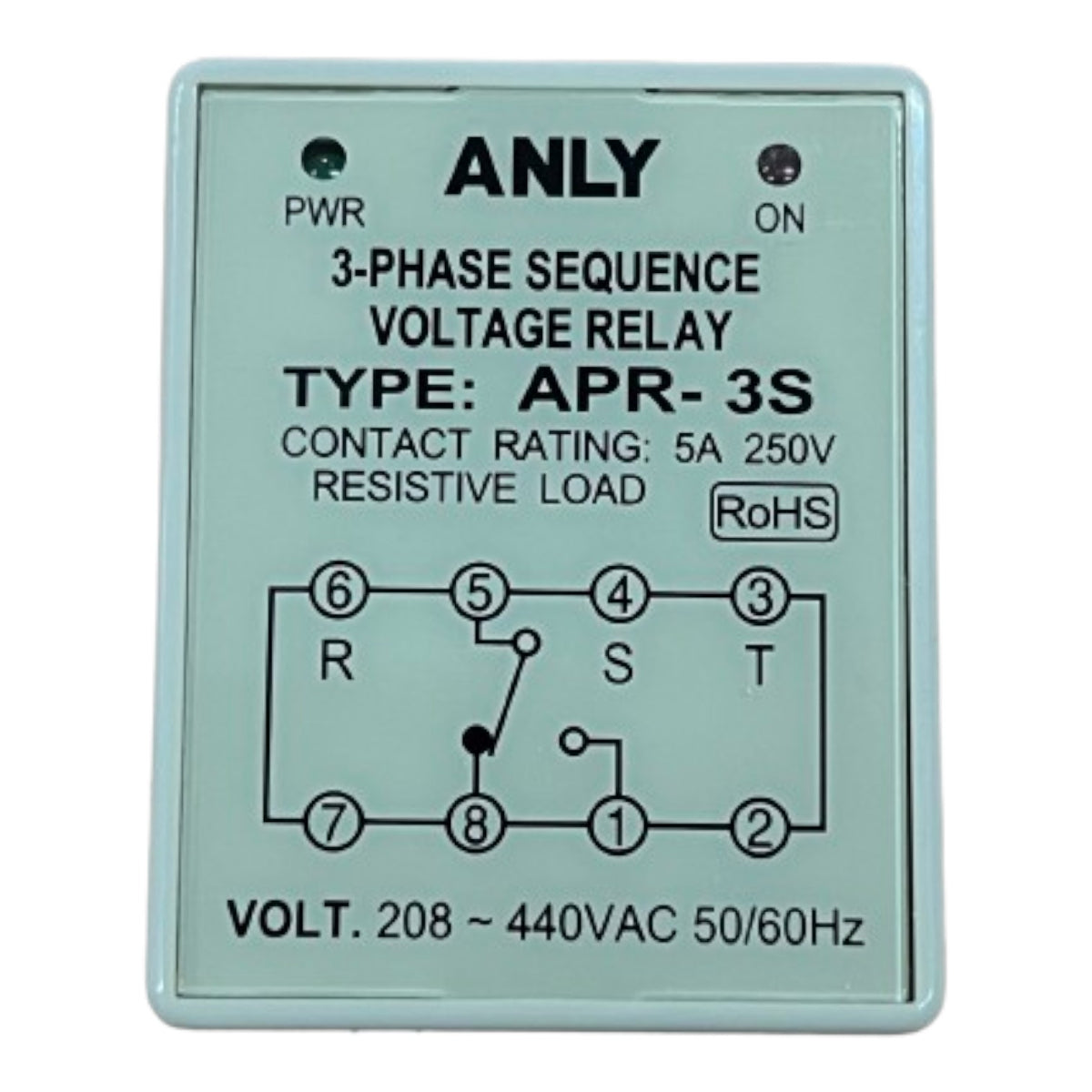 3-phase sequence voltage relay with specifications on a light green background