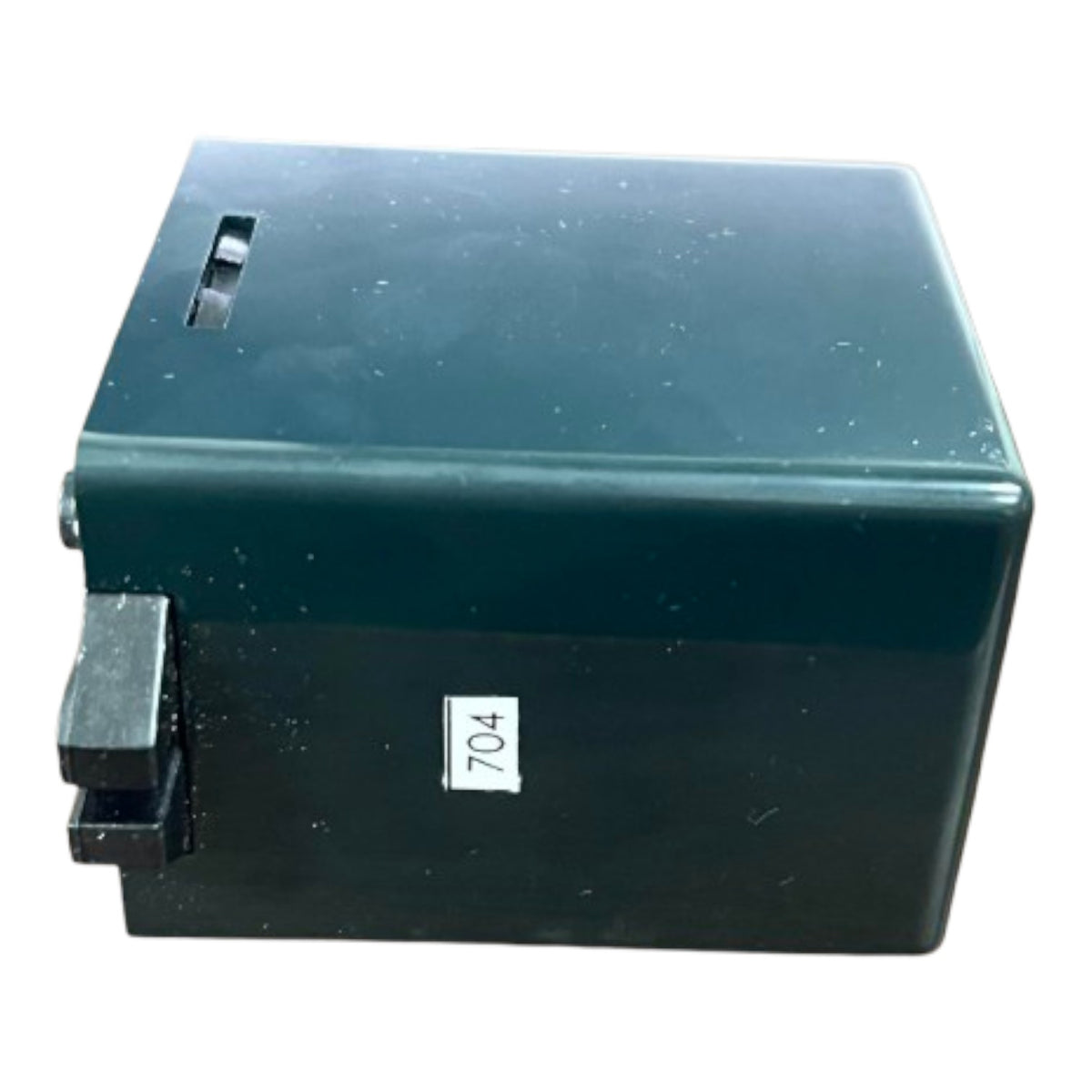 Green rectangular battery pack with a label on a white background