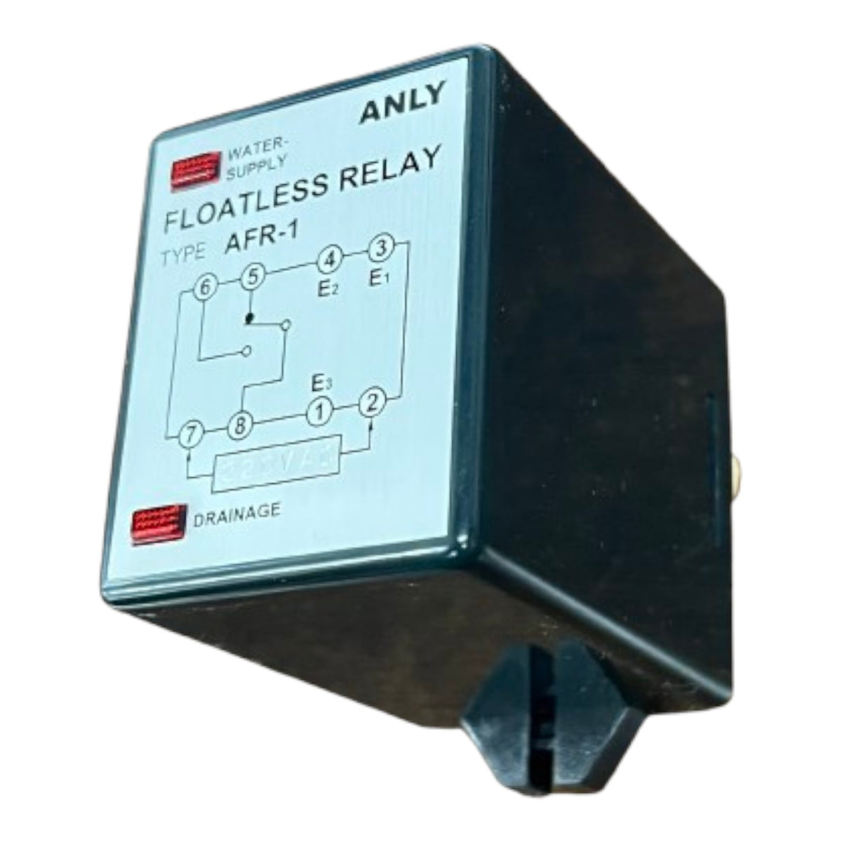 Floatless relay with wiring diagram on a white background