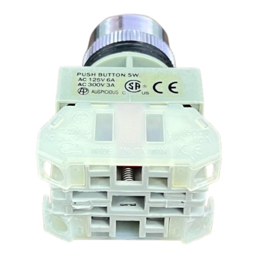 A white plastic industrial push button switch module with a silver metal terminal connector, featuring printed technical specifications and certification logos on top.