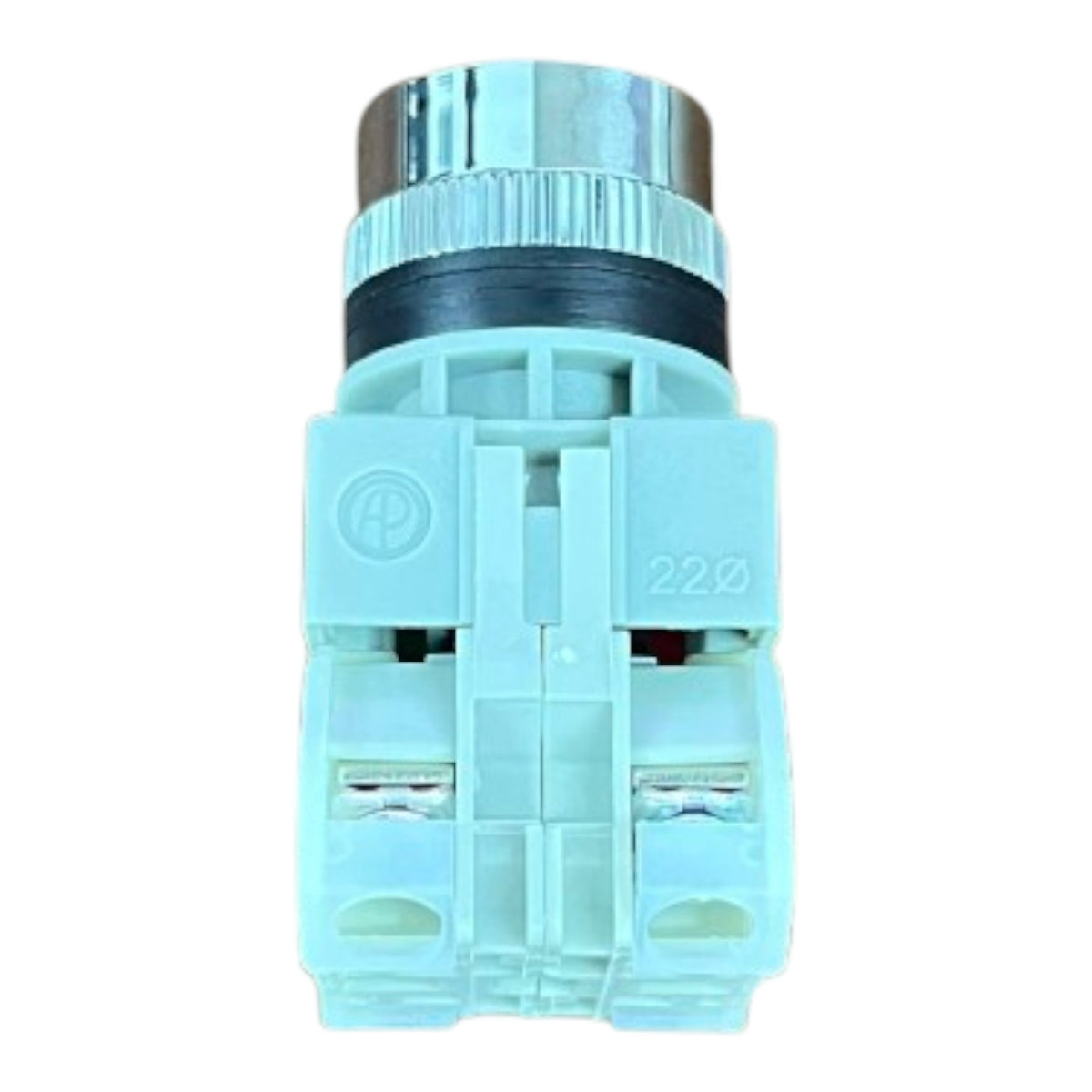 A light blue plastic electrical terminal block connector with a metallic silver top and a black gasket ring, shown against a plain white background.