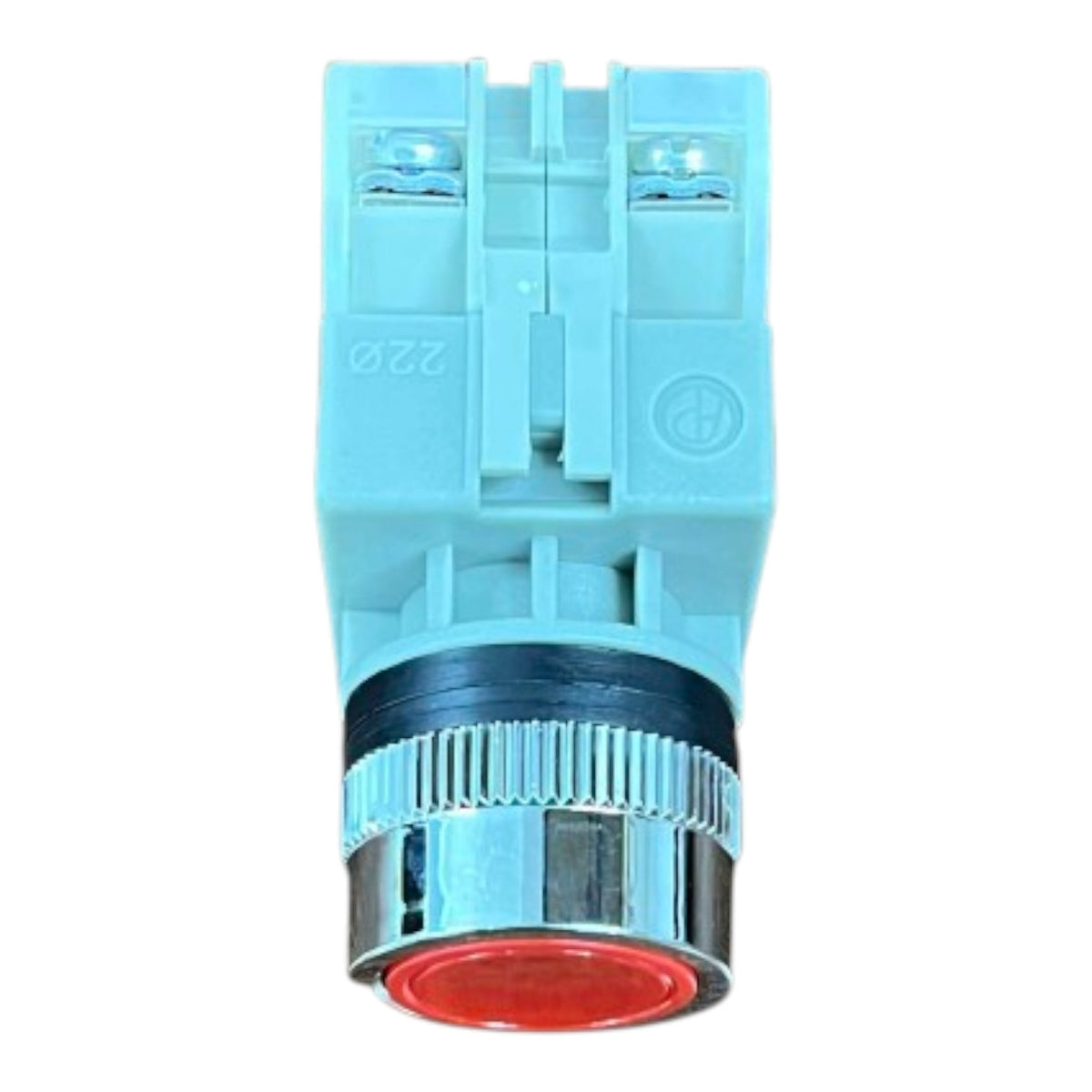 A light blue plastic electrical terminal block connector with a metallic silver ring, a black rubber gasket, and a red button terminal cover, shown against a plain white background.