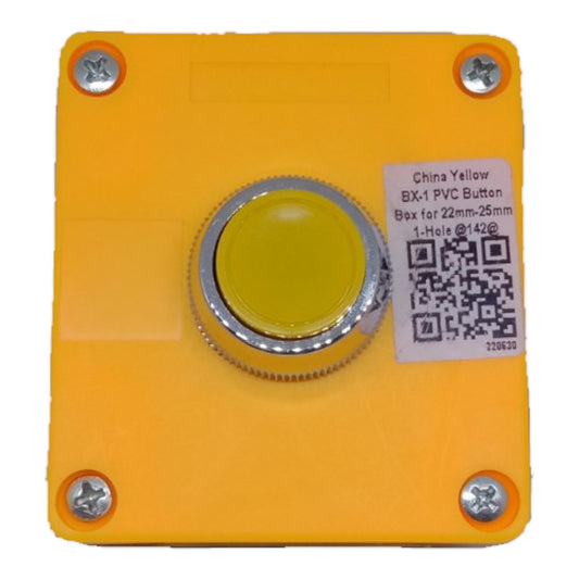 A square yellow industrial push-button with a silver metal bezel, mounted on a matching yellow backing plate with four corner screws. A white product label is attached to the right side with a QR code and text reading 'China Yellow BX-1 PVC Button'.
