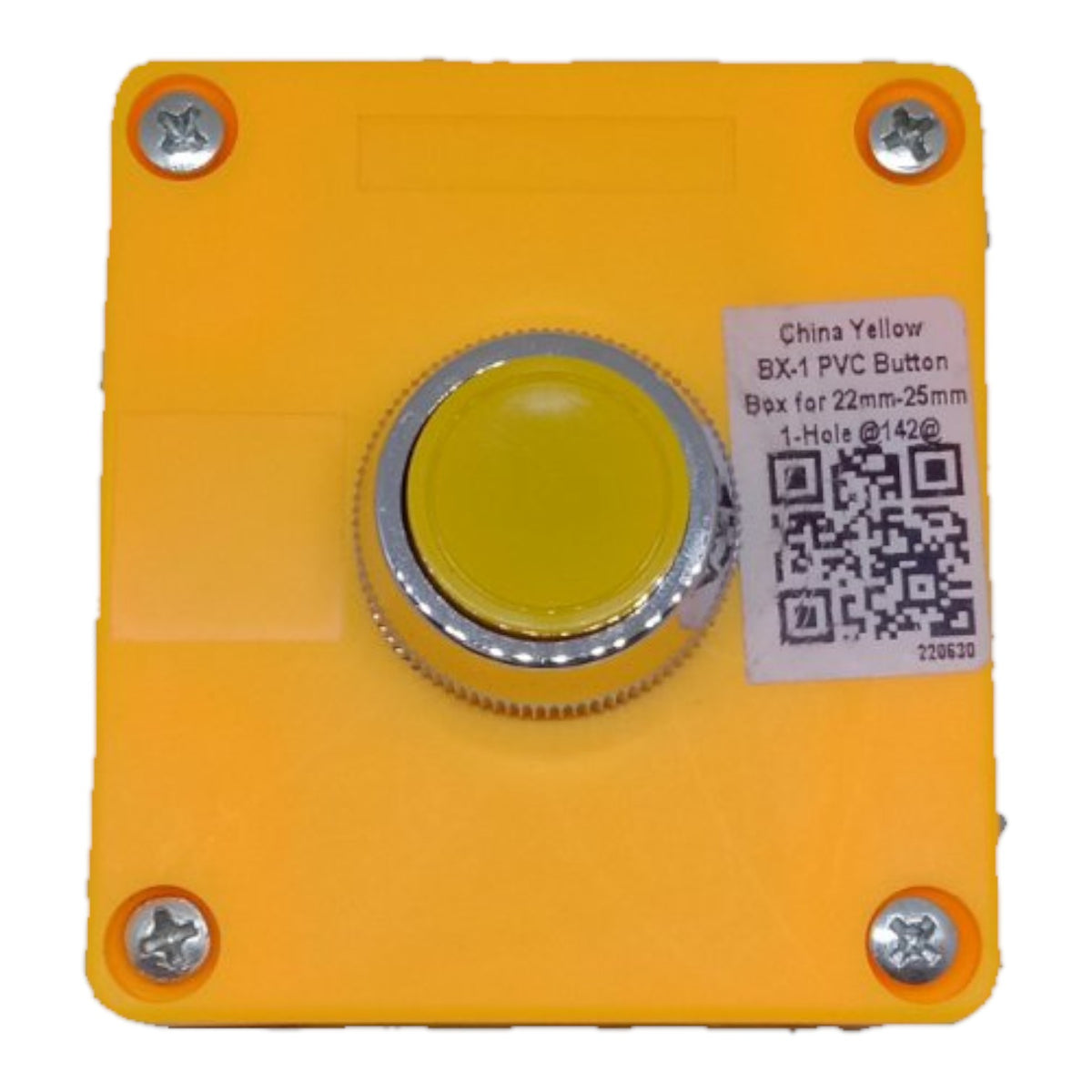 A square yellow industrial push-button with a silver metal bezel and a yellow center, mounted on a yellow backing plate with four screws. A white label on the right reads 'China Yellow BX-1 PVC Button' with a QR code.