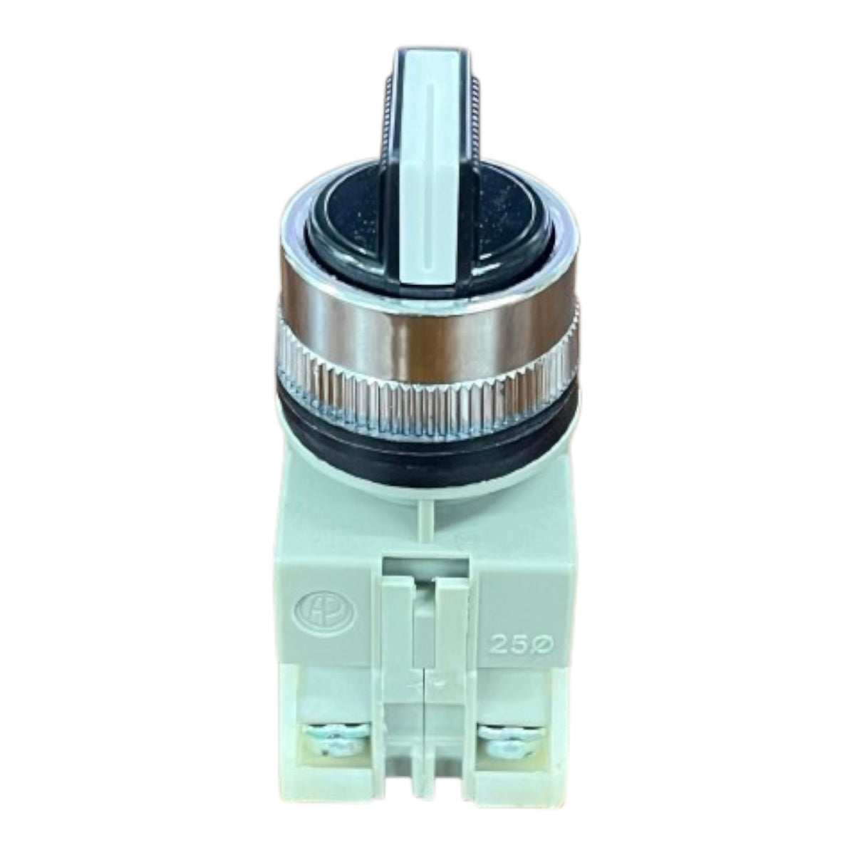A small electrical rotary switch with a silver metal knob, black ring, and light gray plastic base, shown on a plain white background.