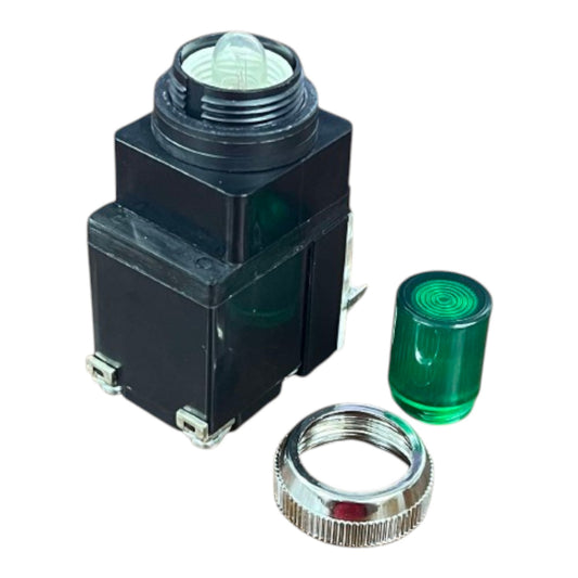 A black electrical push-button switch with a green translucent lens cover, shown alongside its green cylindrical cap and silver metal threaded base ring on a white background.